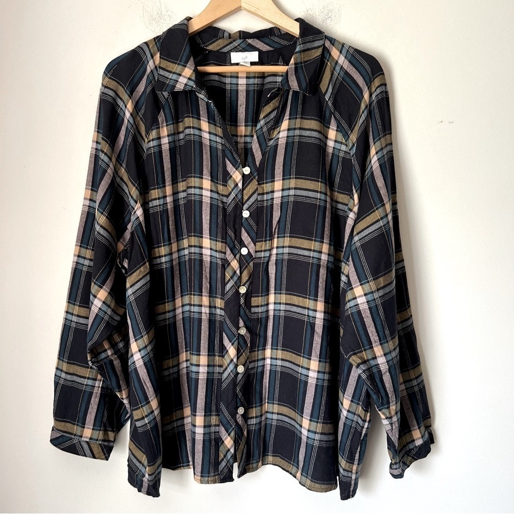 J. Jill Brushed Cotton Blend Soft Bias Trim Plaid Button Up Classic Shirt Fall
